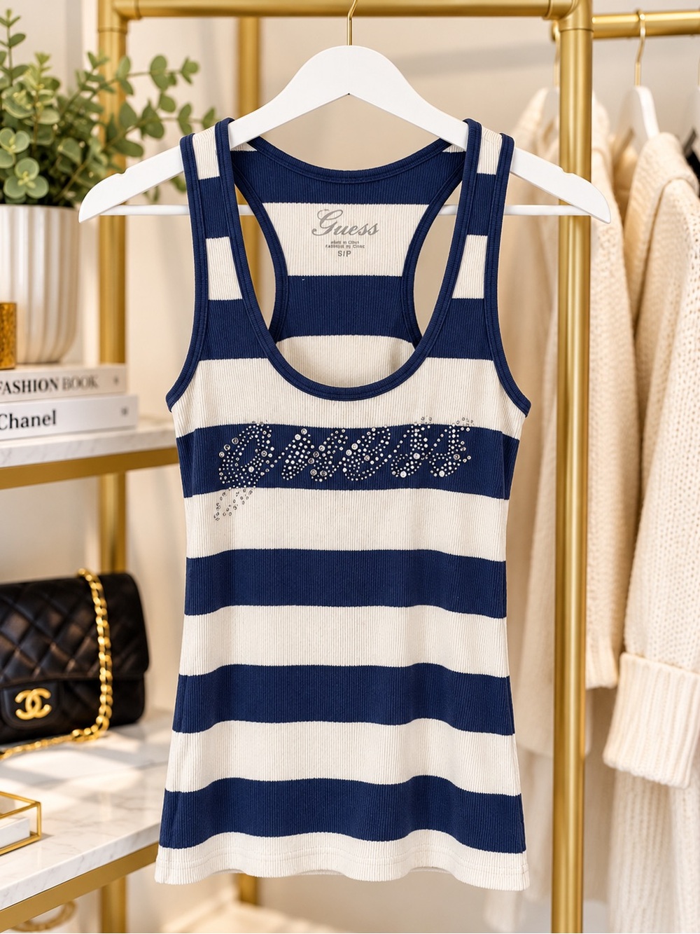 Guess Women's Navy & Cream Striped Rhinestone Tank Top